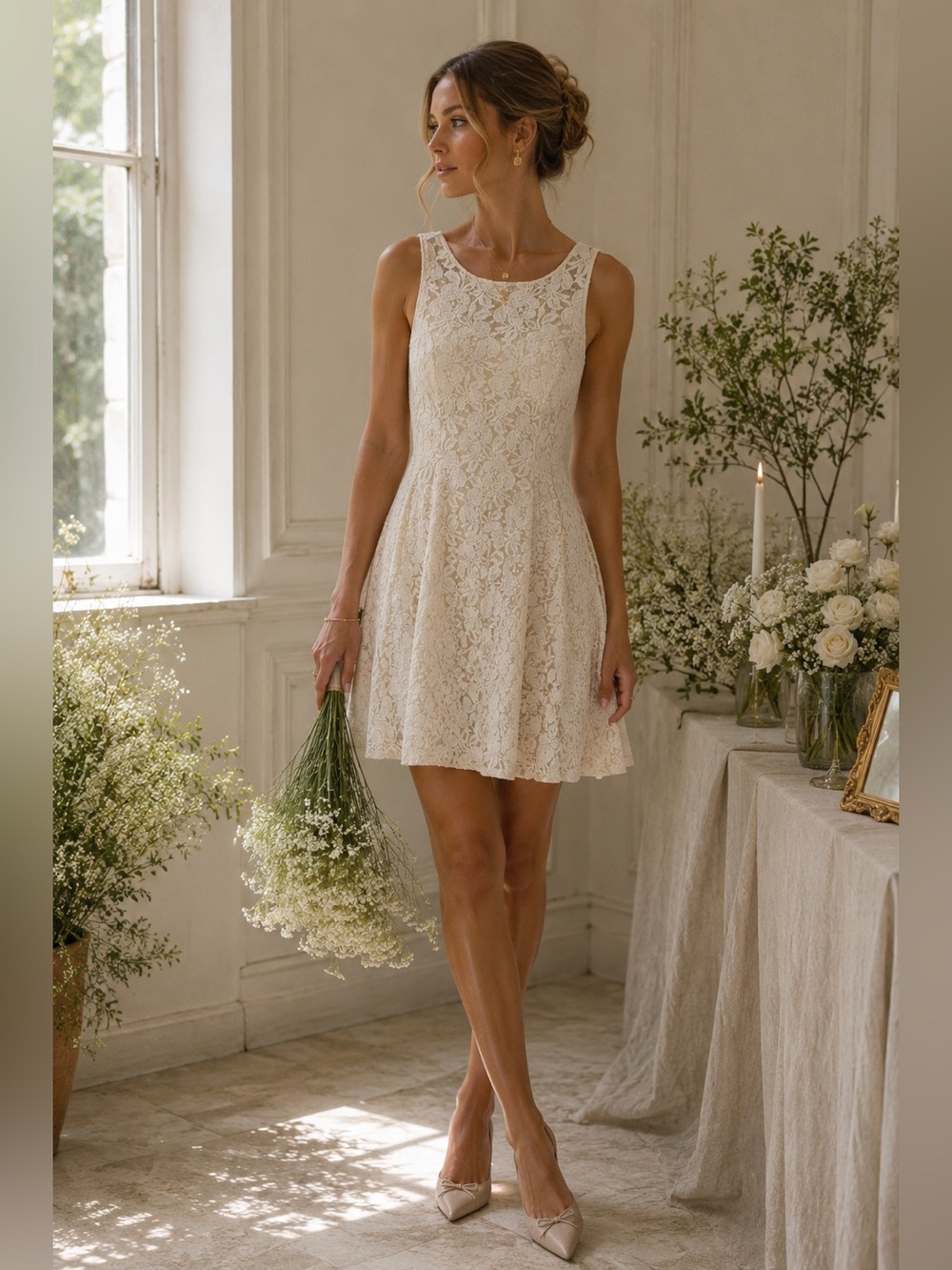 Free People Ivory Floral Lace Fit & Flare Dress Sleeveless Boho Size Small